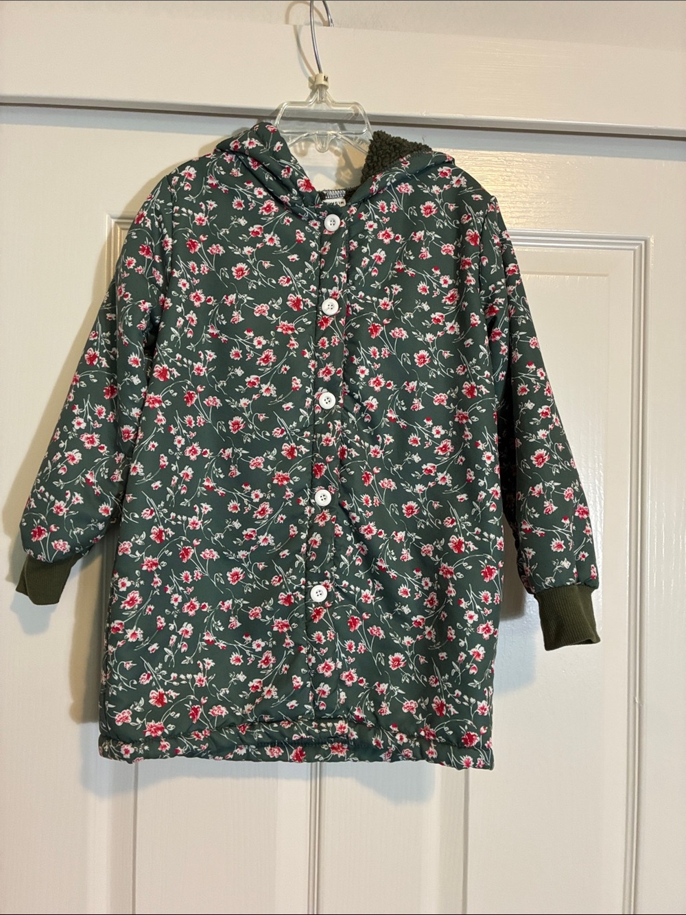 SHEIN Green Floral Hooded Puffer Jacket